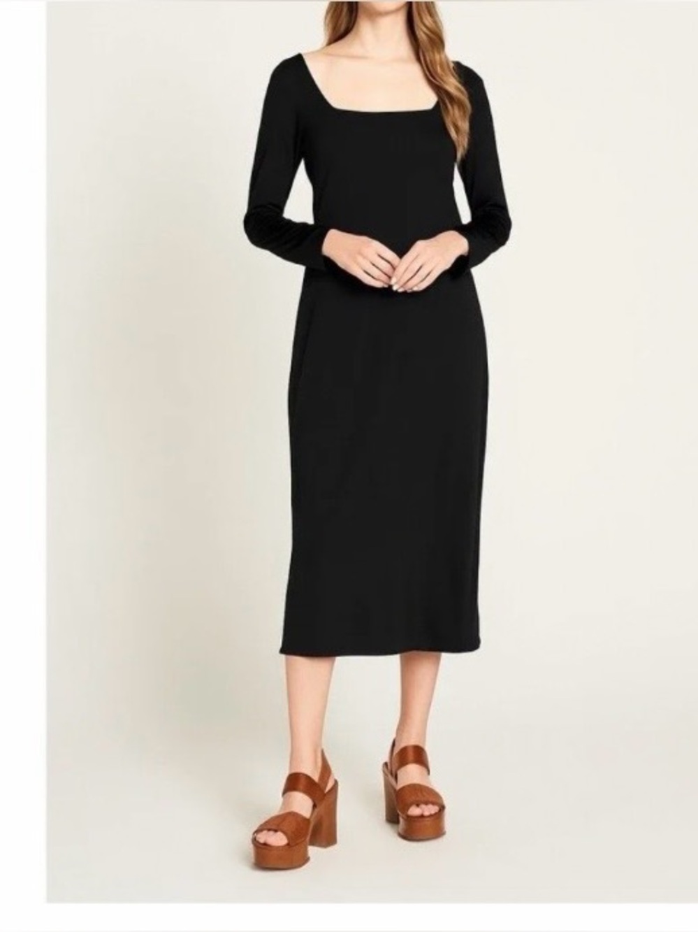 universal standard black ribbed square neck tencel midi dress